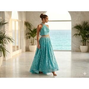 Sherri Hill 2 pc. halter top w/ maxi skirt teal aqua pearls 51020 Top 8 Skirt 0